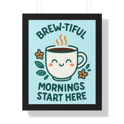 Cute Coffee Wall Art, Brew-tiful Mornings Poster, Kitchen Decor, Gift for Coffee Lovers, Floral Artwork, Home Office Print