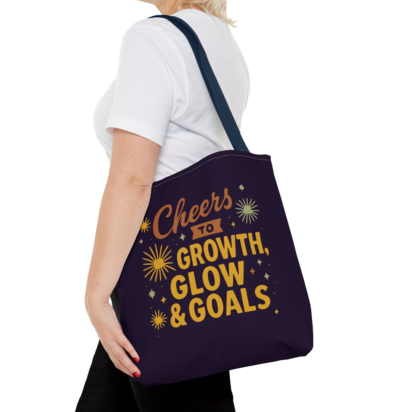 Cheers to Growth Tote Bag, Motivational Gift for Goals, Daily Use, Eco-Friendly Shopping, Inspirational Quotes, New Year's Vibes