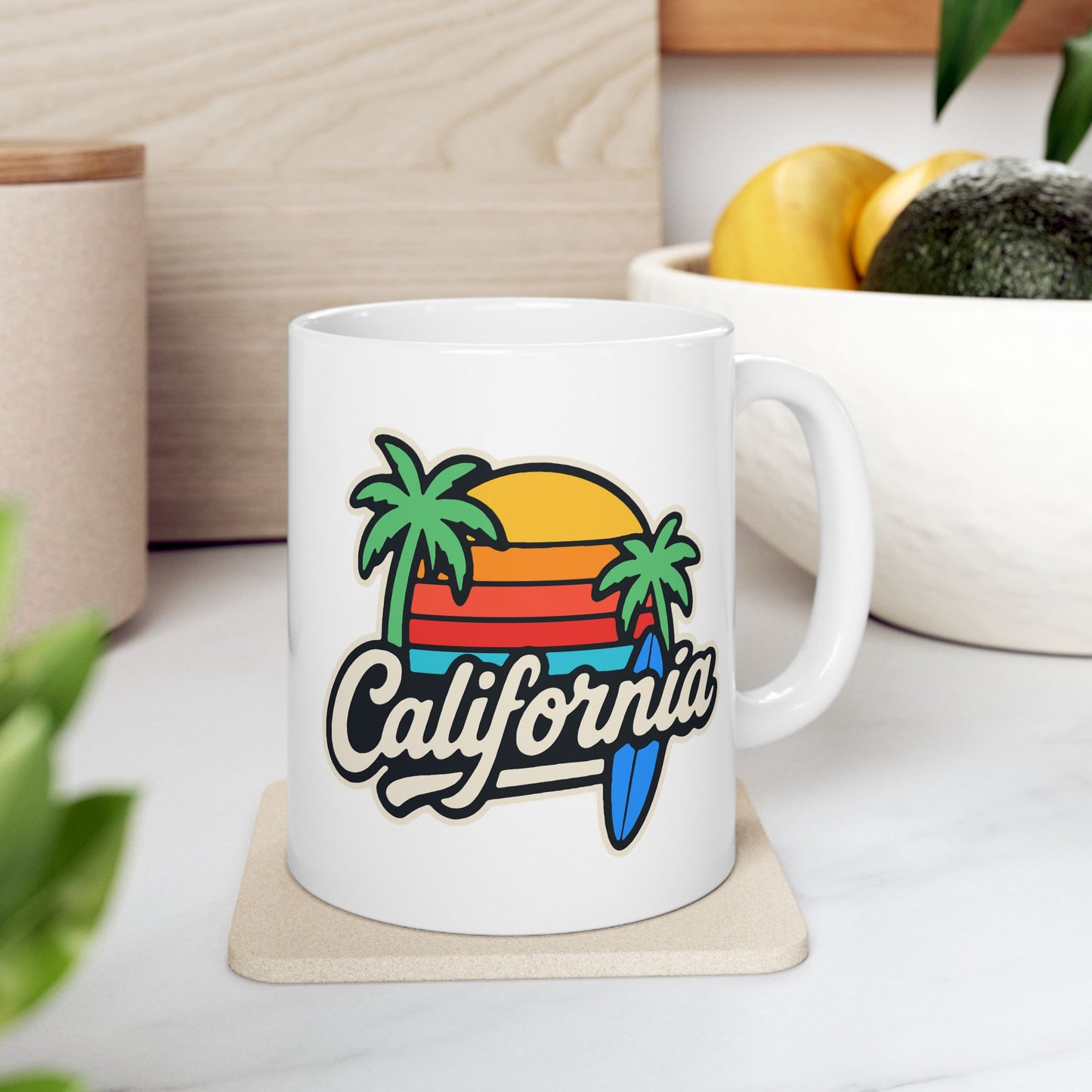 California Sunset Ceramic Mug, Tropical Beach Coffee Cup, Gift for Surf Lovers, Palm Tree Decor, Vacation Vibes