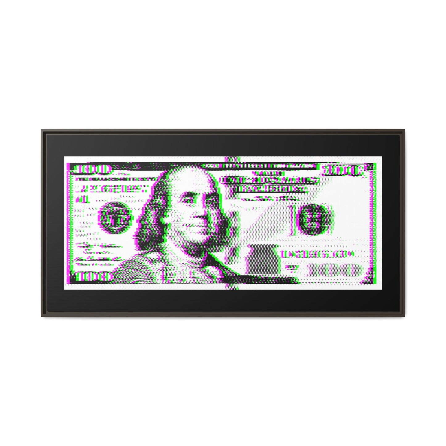 100 Dollars Bill - Green/Magenta Glitch - Framed Canvas