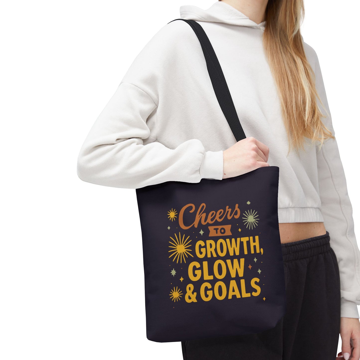 Cheers to Growth Tote Bag, Motivational Gift for Goals, Daily Use, Eco-Friendly Shopping, Inspirational Quotes, New Year's Vibes
