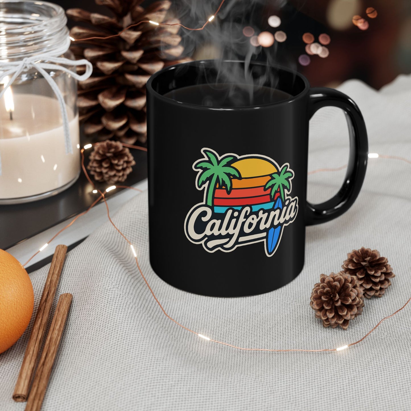 California Vibe Black Mug, Surfing Coffee Cup, Beach Lover Gift, Tropical Home Decor, Summer Drinkware, Gift for Surfers