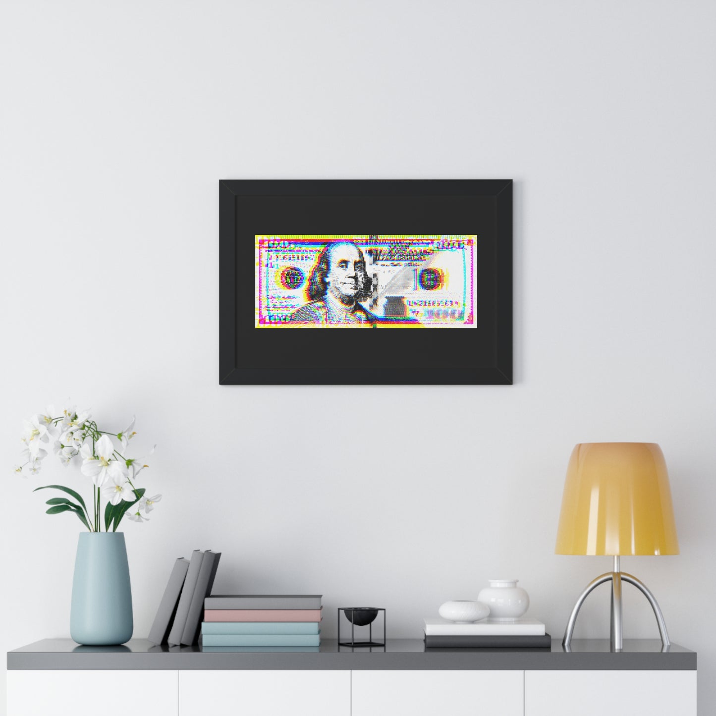 100 Dollars Bill - Neon Color Explosion - Framed Poster