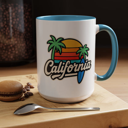 California Surf Vibes Accent Coffee Mug - Great for Beach Lovers, Gift for Surfers, Vacation Memento, Summer Collections, Retro Style
