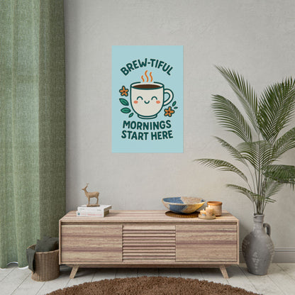 Charming Coffee Wall Art Print, Cute Brew-tiful Mornings Poster, Kitchen Decor, Gift for Coffee Lovers, Hygge Home Style