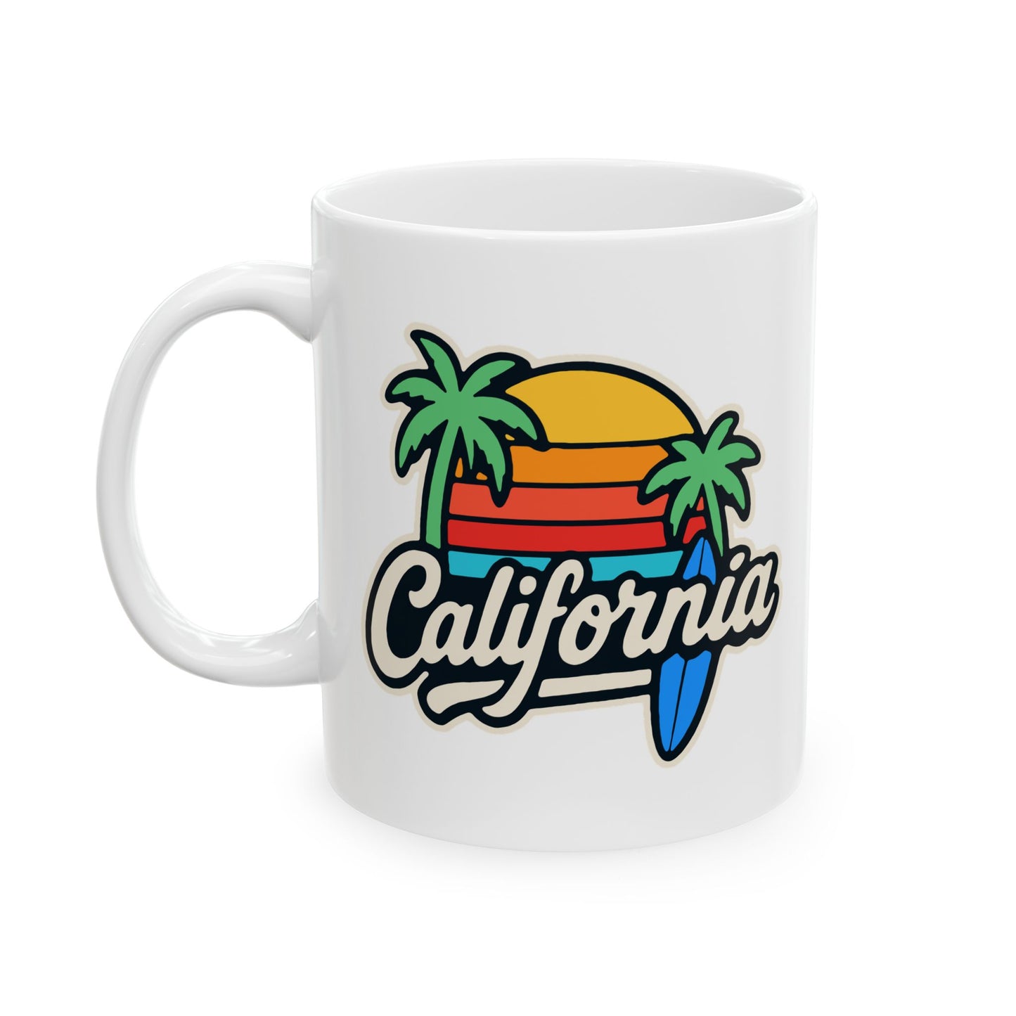 California Sunset Ceramic Mug, Tropical Beach Coffee Cup, Gift for Surf Lovers, Palm Tree Decor, Vacation Vibes