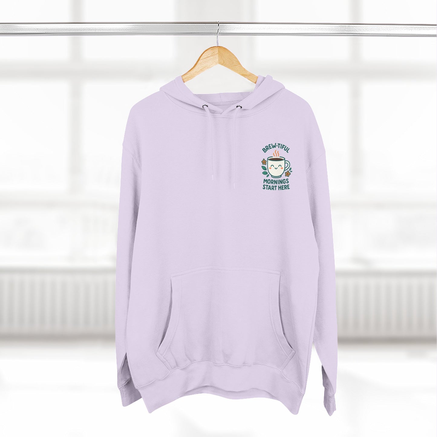 Brew-tiful Mornings Start Here, Cozy Three-Panel Fleece Hoodie, Perfect for Fall, Casual Outfit, Gift for Her, Layering Essential, Relaxed Style