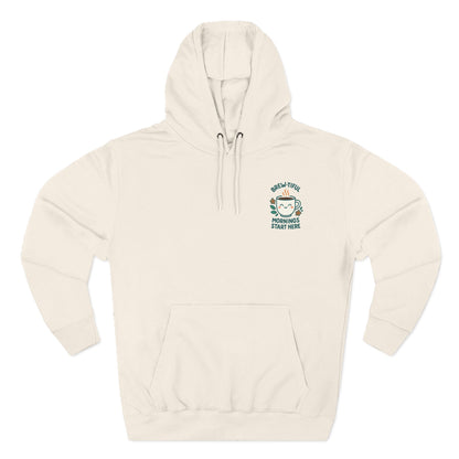 Brew-tiful Mornings Start Here, Cozy Three-Panel Fleece Hoodie, Perfect for Fall, Casual Outfit, Gift for Her, Layering Essential, Relaxed Style