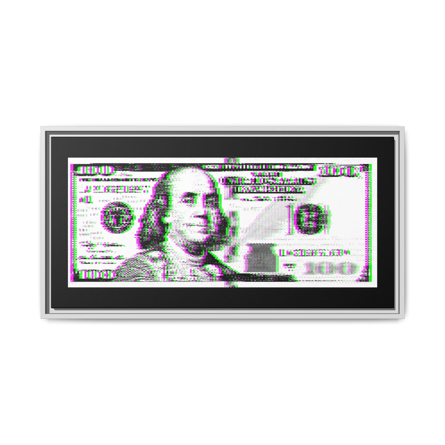 100 Dollars Bill - Green/Magenta Glitch - Framed Canvas