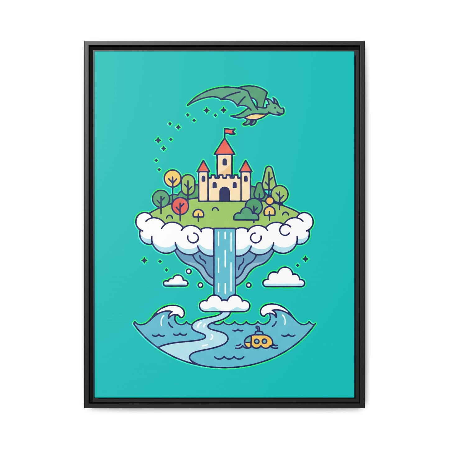 Floating Castle Dragon - Magical Fantasy Island - Framed Canvas