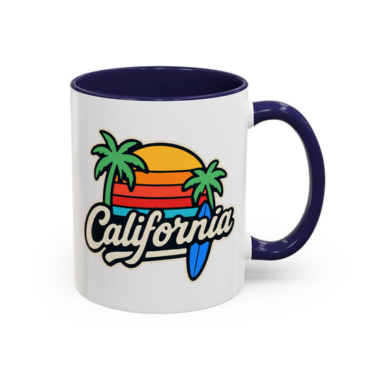 California Surf Vibes Accent Coffee Mug - Great for Beach Lovers, Gift for Surfers, Vacation Memento, Summer Collections, Retro Style