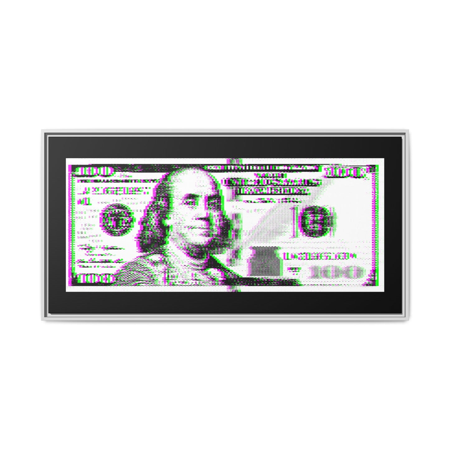 100 Dollars Bill - Green/Magenta Glitch - Framed Canvas