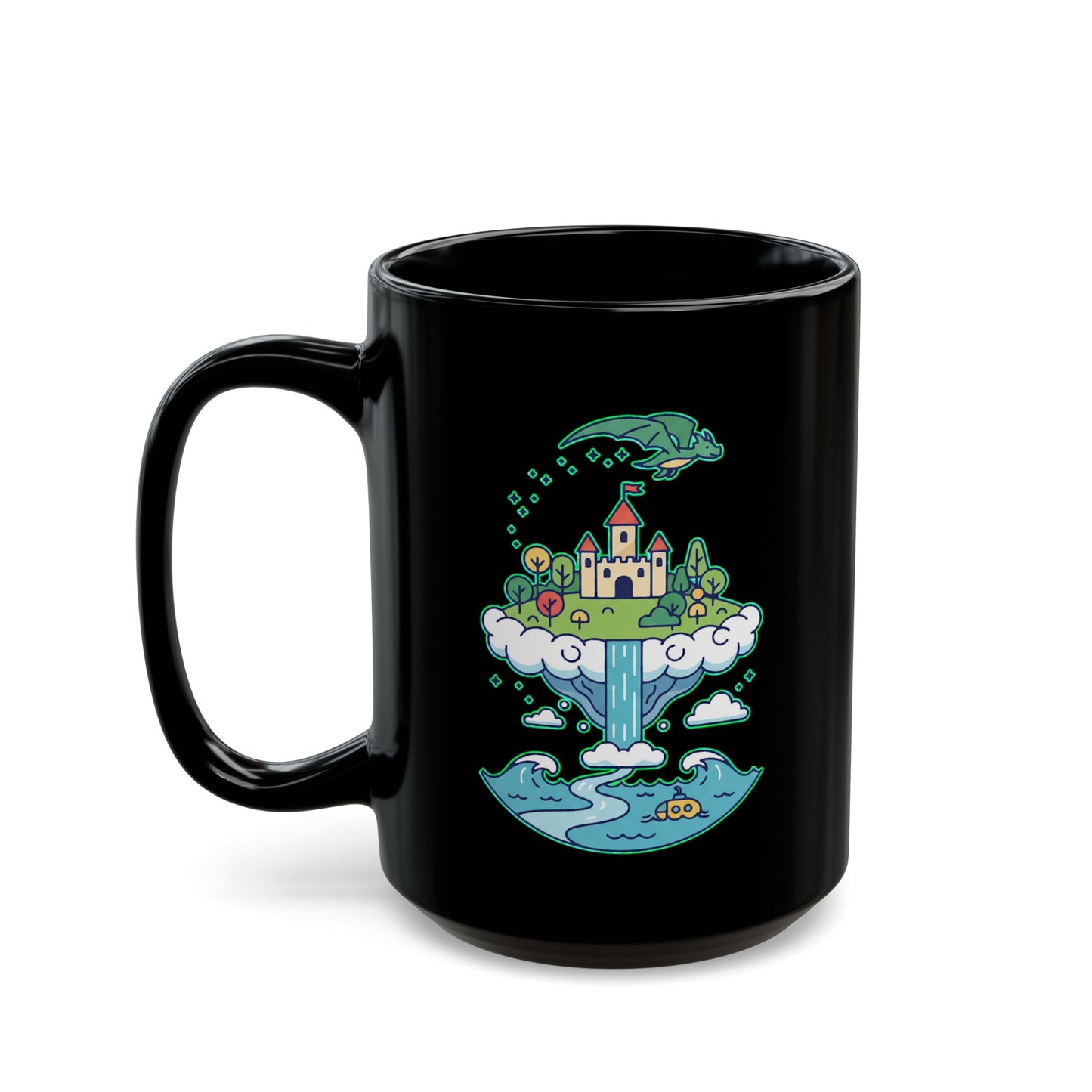 Floating Castle Dragon - Magical Fantasy Island - Black Mug