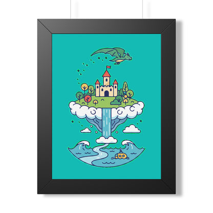 Floating Castle Dragon - Magical Fantasy Island - Framed Poster
