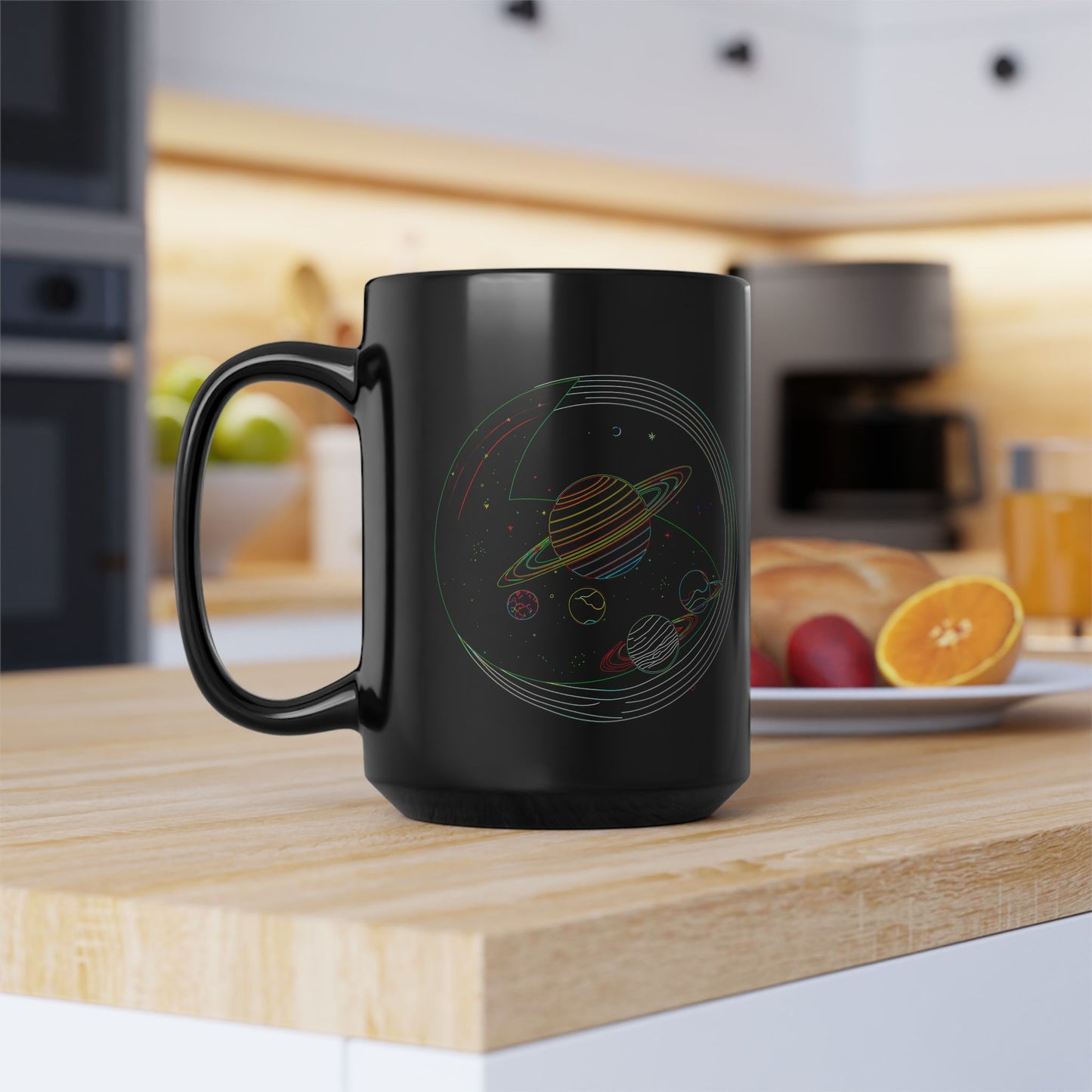 Cosmic Design Black Mug, Galactic Ceramic Coffee Cup for Space Lovers, Unique Gift for Astronomers, Birthday, Science Enthusiasts