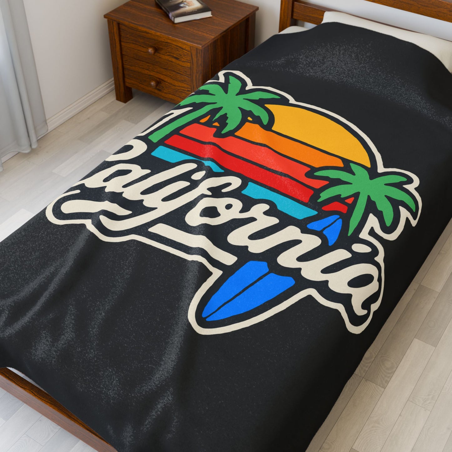 California Sunset Velveteen Plush Blanket, Cozy Beach Vibes, Soft Gift for Surfers, Home Decor, Travel, Camping