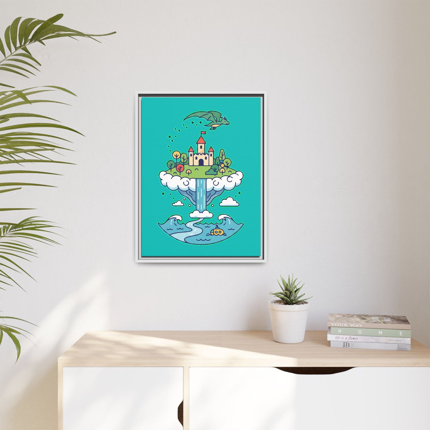 Floating Castle Dragon - Magical Fantasy Island - Framed Canvas