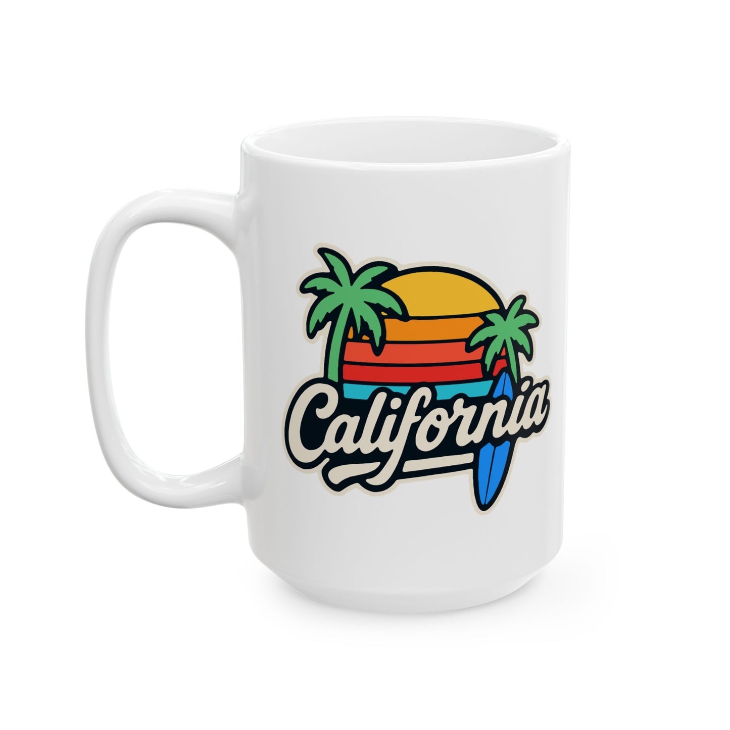 California Sunset Ceramic Mug, Tropical Beach Coffee Cup, Gift for Surf Lovers, Palm Tree Decor, Vacation Vibes