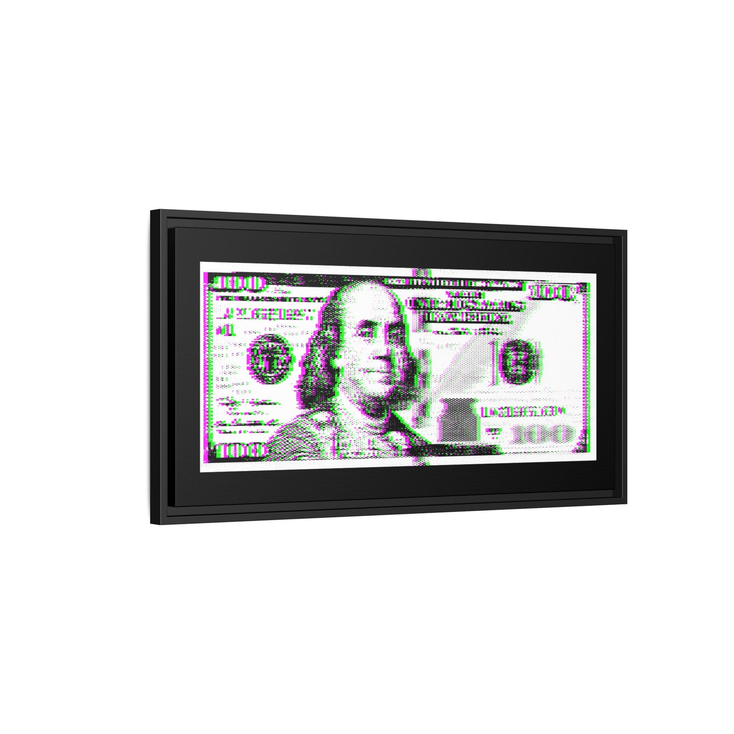 100 Dollars Bill - Green/Magenta Glitch - Framed Canvas
