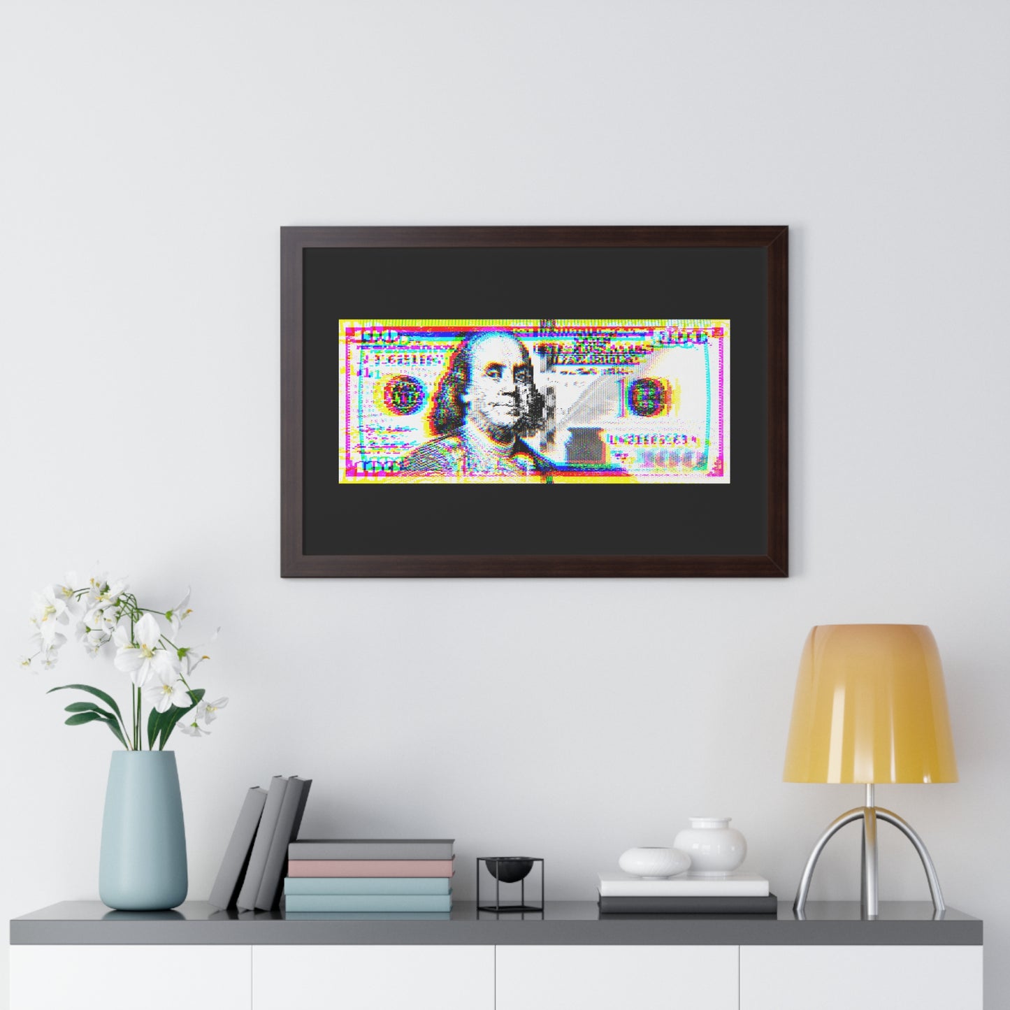 100 Dollars Bill - Neon Color Explosion - Framed Poster