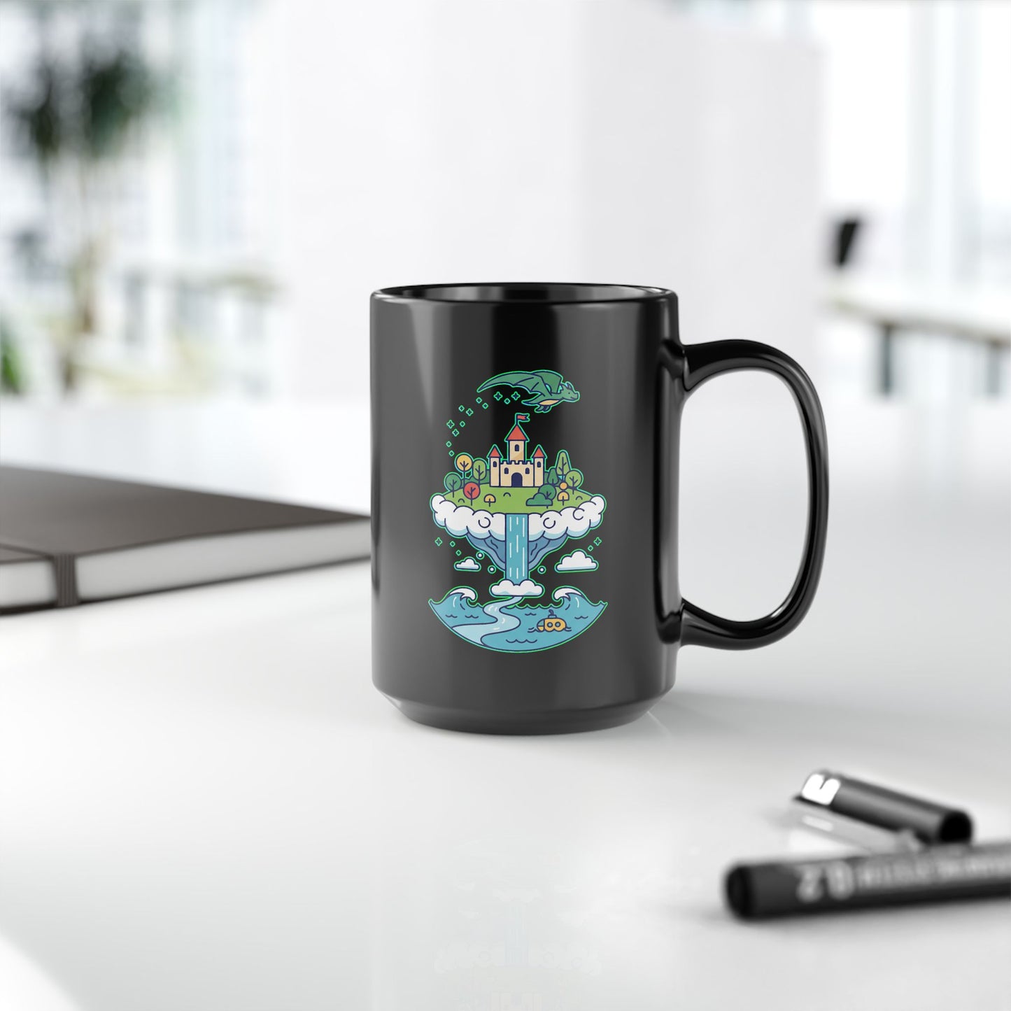 Floating Castle Dragon - Magical Fantasy Island - Black Mug