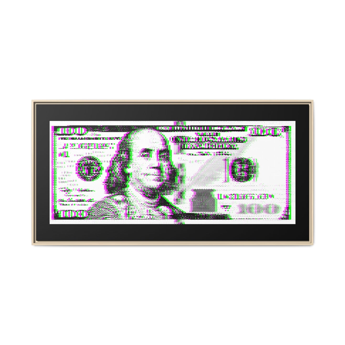 100 Dollars Bill - Green/Magenta Glitch - Framed Canvas