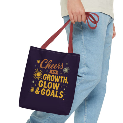 Cheers to Growth Tote Bag, Motivational Gift for Goals, Daily Use, Eco-Friendly Shopping, Inspirational Quotes, New Year's Vibes