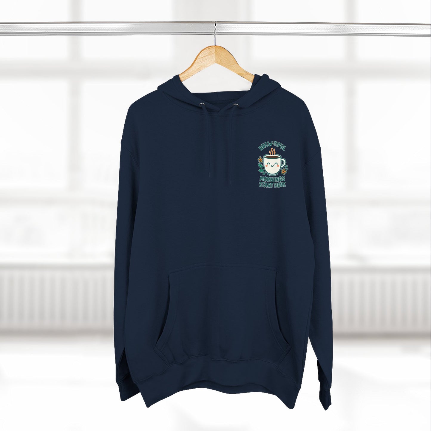 Brew-tiful Mornings Start Here, Cozy Three-Panel Fleece Hoodie, Perfect for Fall, Casual Outfit, Gift for Her, Layering Essential, Relaxed Style