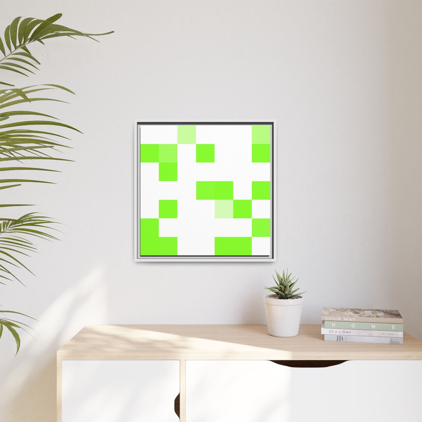 Lime Green Pixel Grid - Framed Canvas