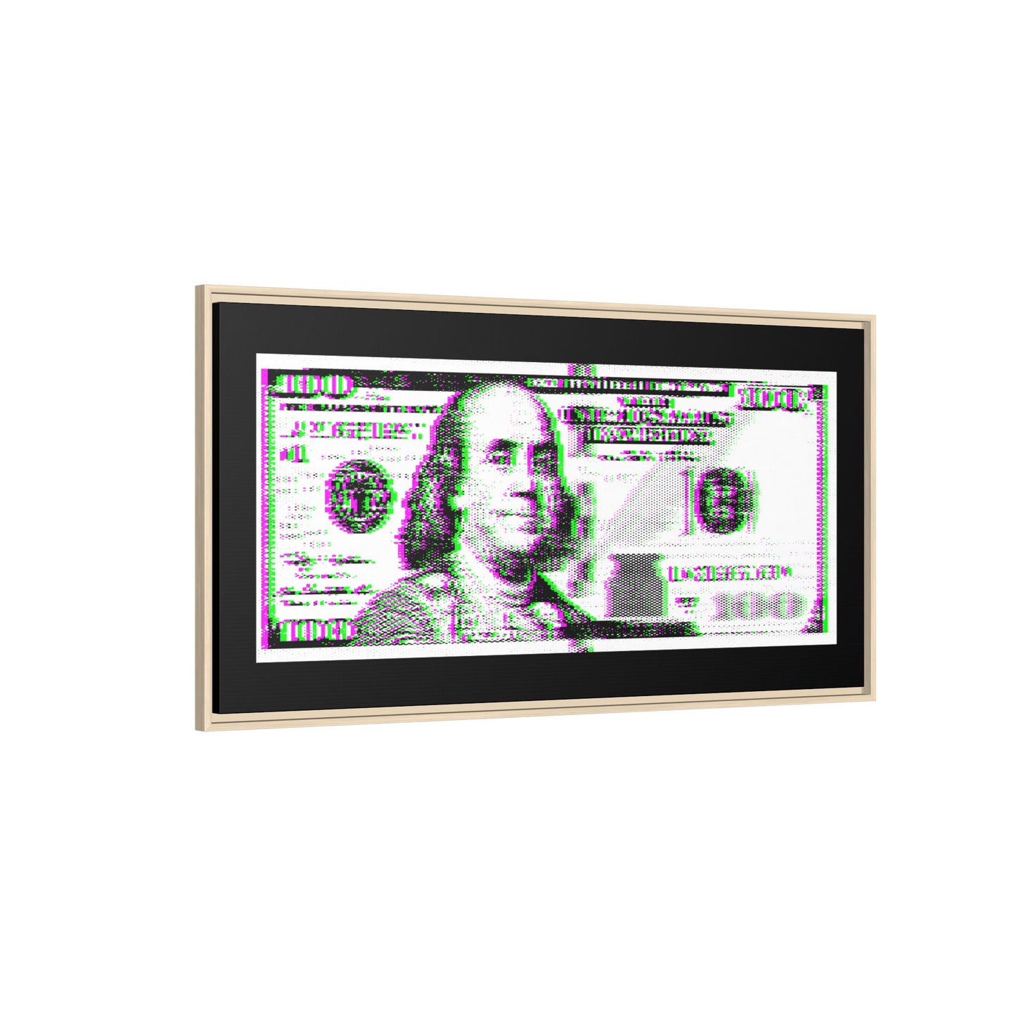100 Dollars Bill - Green/Magenta Glitch - Framed Canvas