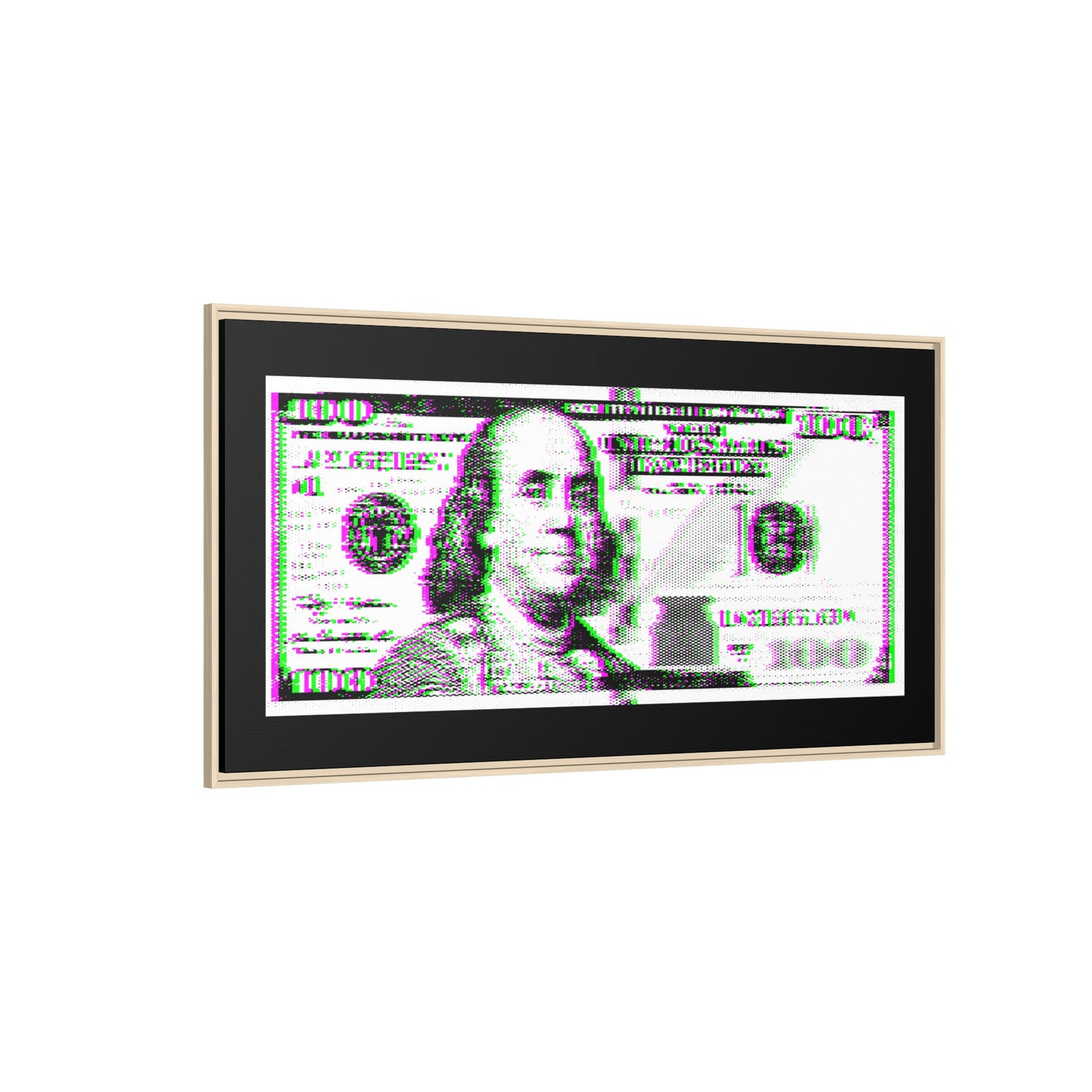 100 Dollars Bill - Green/Magenta Glitch - Framed Canvas