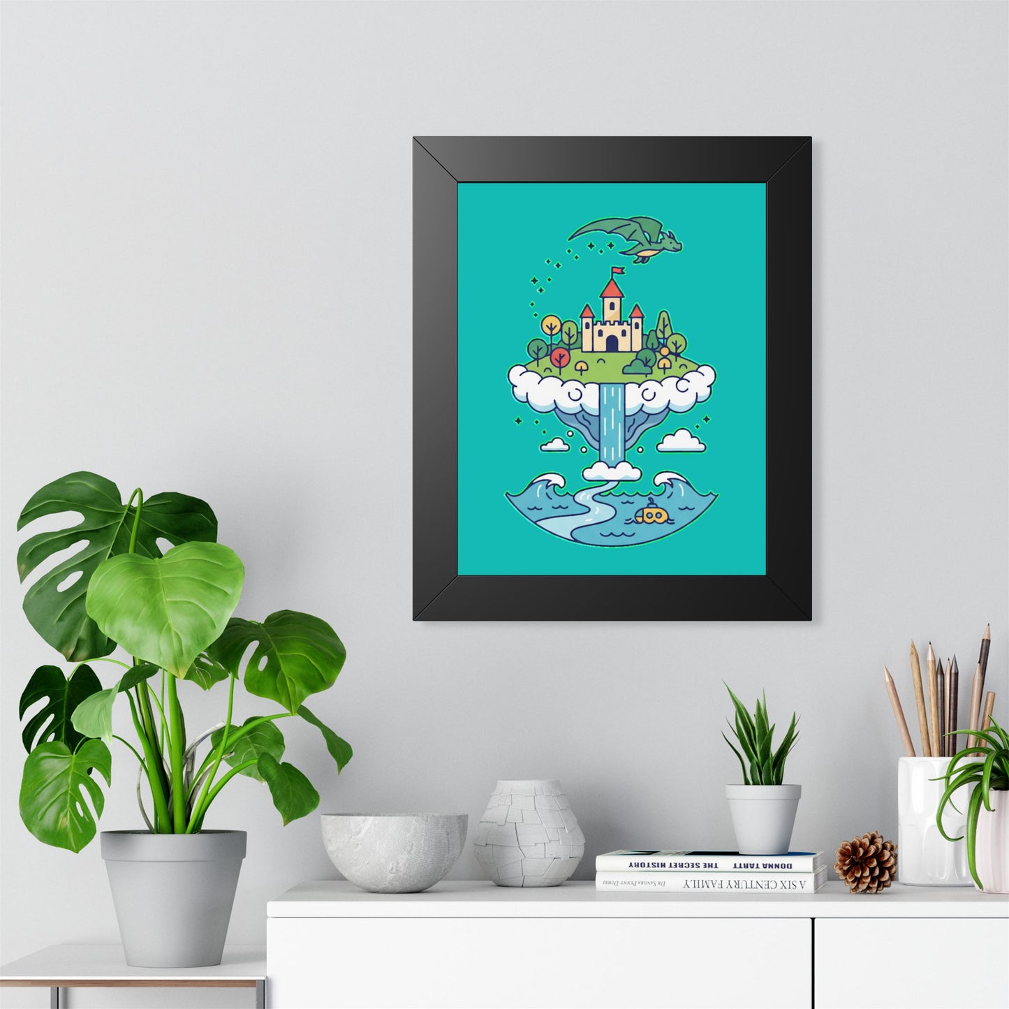 Floating Castle Dragon - Magical Fantasy Island - Framed Poster