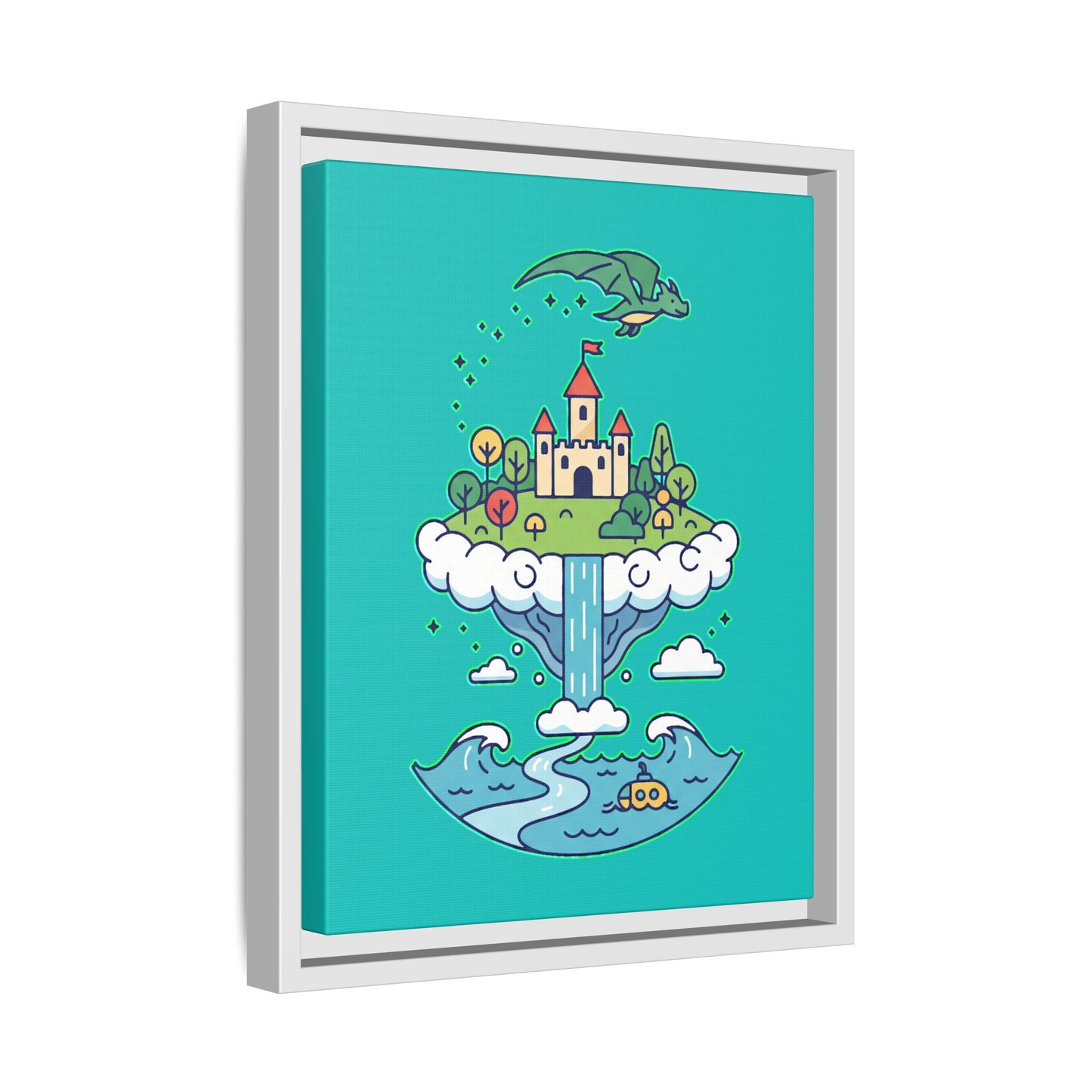 Floating Castle Dragon - Magical Fantasy Island - Framed Canvas