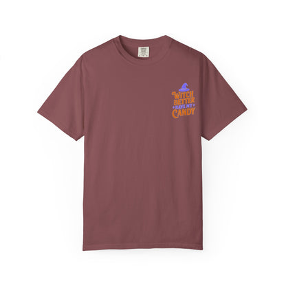 Halloween Candy T-shirt, Unisex Garment-Dyed T-shirt, Spooky Season Apparel, Fall Fashion, Trick or Treat Shirt, Cute Halloween Tee