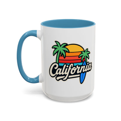California Surf Vibes Accent Coffee Mug - Great for Beach Lovers, Gift for Surfers, Vacation Memento, Summer Collections, Retro Style