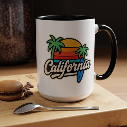 California Surf Vibes Accent Coffee Mug - Great for Beach Lovers, Gift for Surfers, Vacation Memento, Summer Collections, Retro Style