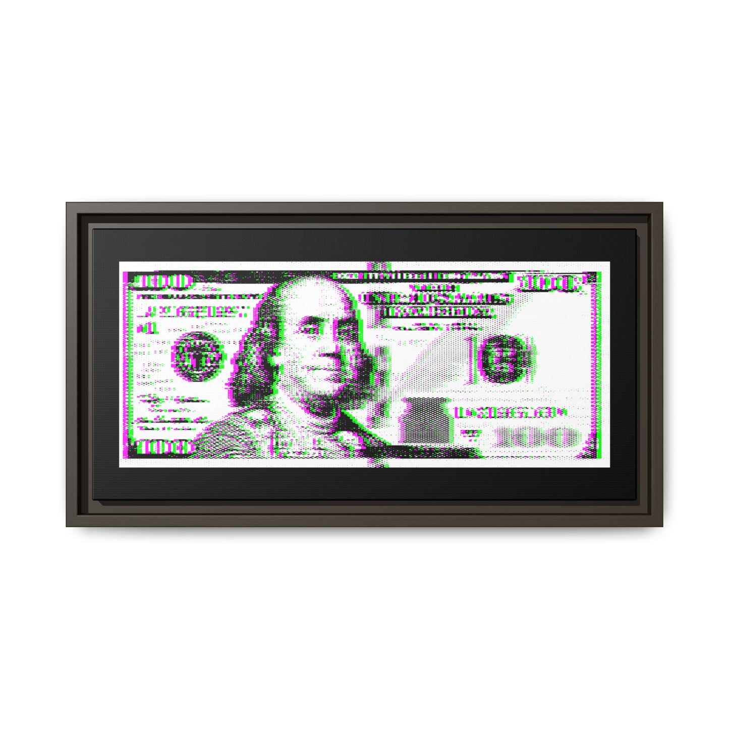 100 Dollars Bill - Green/Magenta Glitch - Framed Canvas