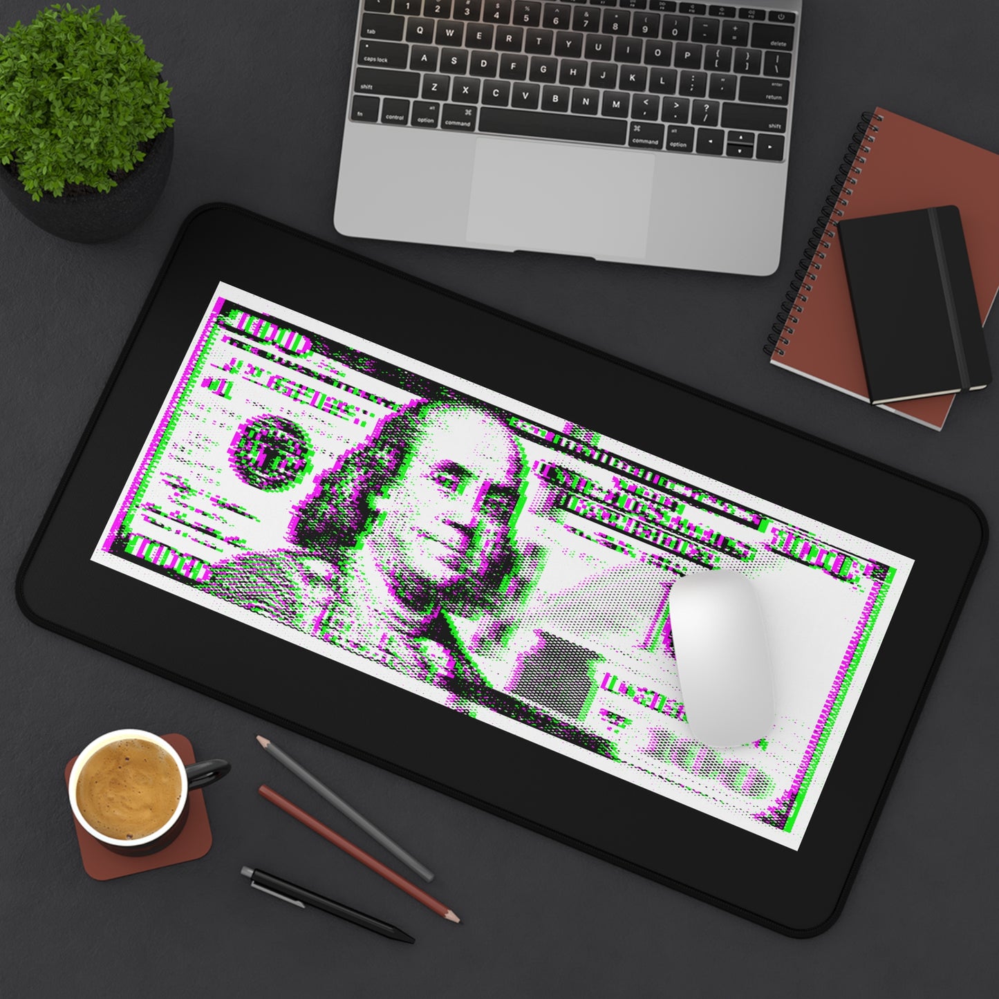 100 Dollars Bill - Green/Magenta Glitch - Desk Mat