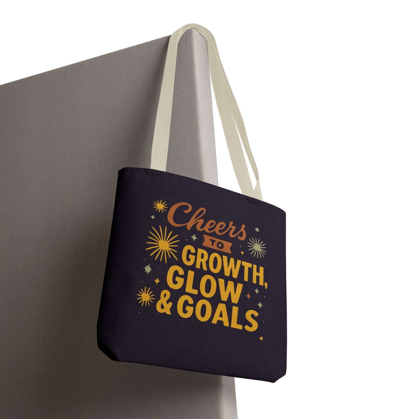 Cheers to Growth Tote Bag, Motivational Gift for Goals, Daily Use, Eco-Friendly Shopping, Inspirational Quotes, New Year's Vibes