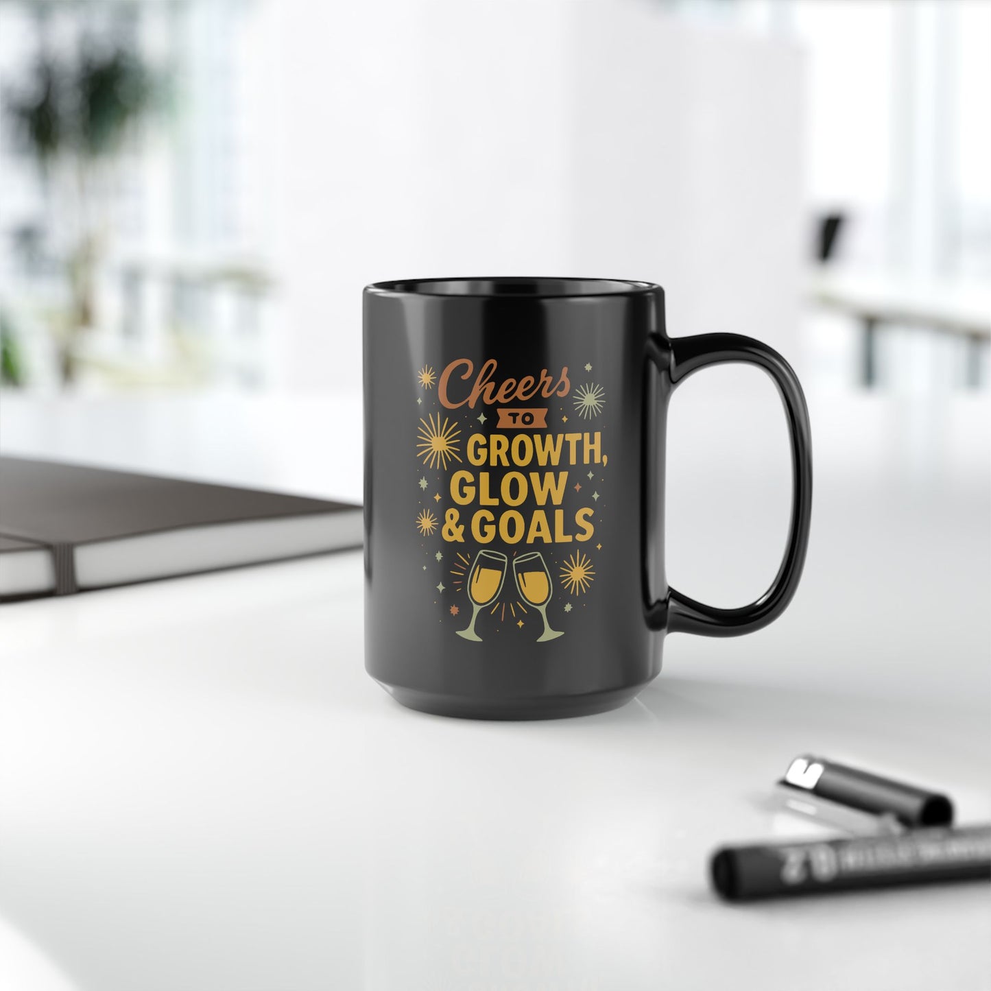 Cheers to Growth Black Mug, Motivational Coffee Cup for Success, Perfect for New Year, Birthdays, or Office Gifts