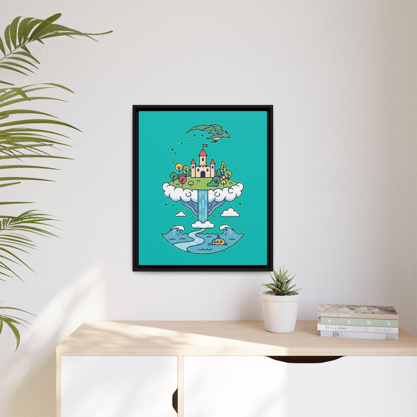 Floating Castle Dragon - Magical Fantasy Island - Framed Canvas
