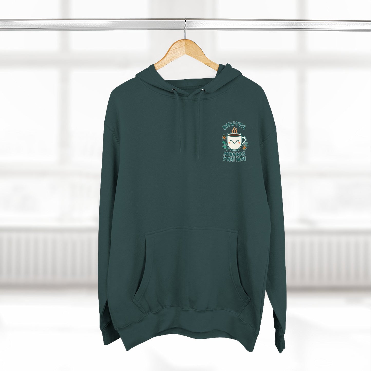 Brew-tiful Mornings Start Here, Cozy Three-Panel Fleece Hoodie, Perfect for Fall, Casual Outfit, Gift for Her, Layering Essential, Relaxed Style