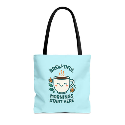 Brew-tiful Mornings Tote Bag, Cute Coffee Lover Gift, Reusable Grocery Bag, Spring Picnic Essentials, Motivational Quote Tote