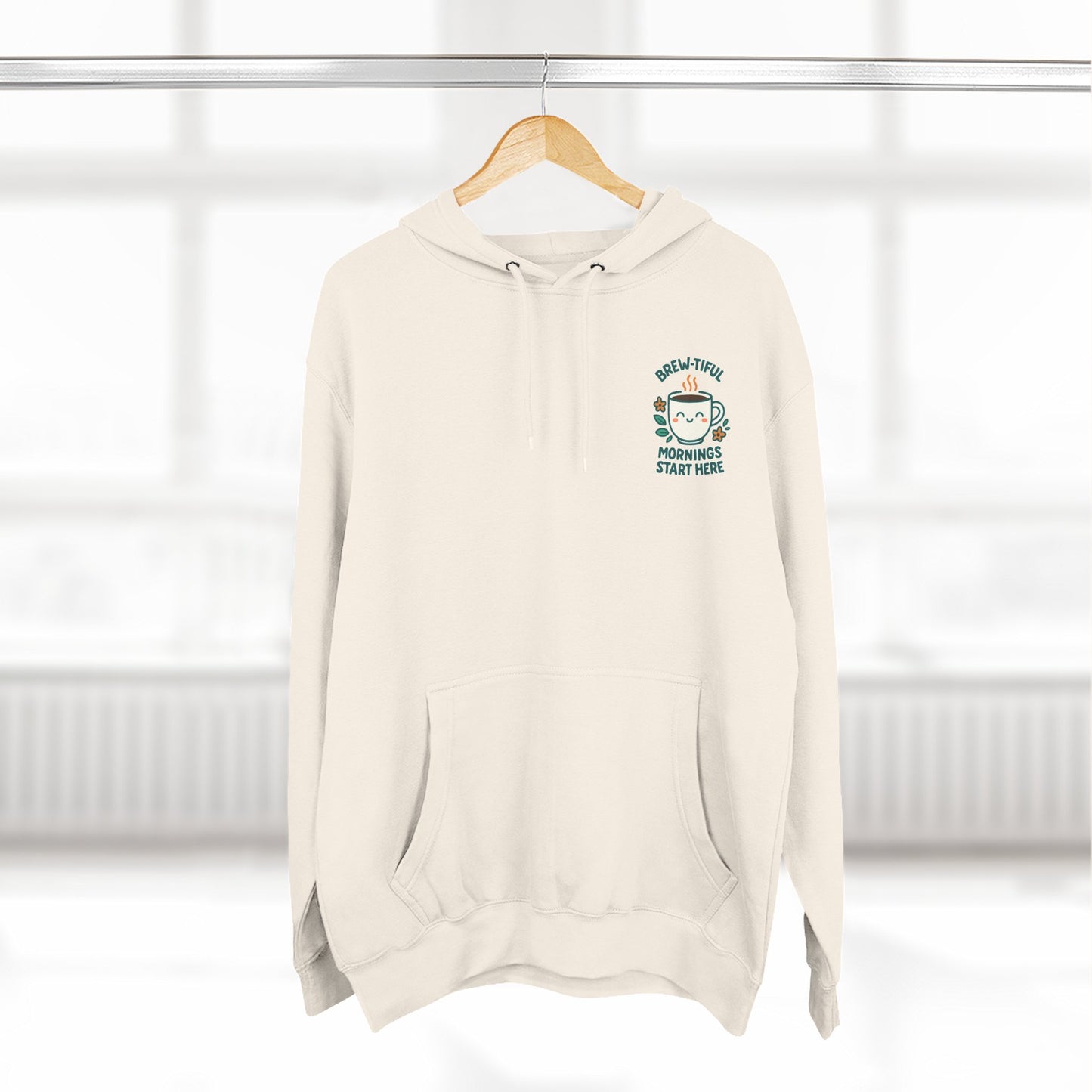 Brew-tiful Mornings Start Here, Cozy Three-Panel Fleece Hoodie, Perfect for Fall, Casual Outfit, Gift for Her, Layering Essential, Relaxed Style