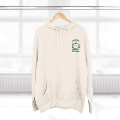 Brew-tiful Mornings Start Here, Cozy Three-Panel Fleece Hoodie, Perfect for Fall, Casual Outfit, Gift for Her, Layering Essential, Relaxed Style