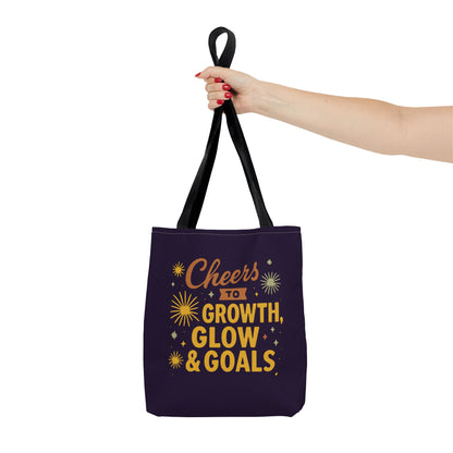Cheers to Growth Tote Bag, Motivational Gift for Goals, Daily Use, Eco-Friendly Shopping, Inspirational Quotes, New Year's Vibes
