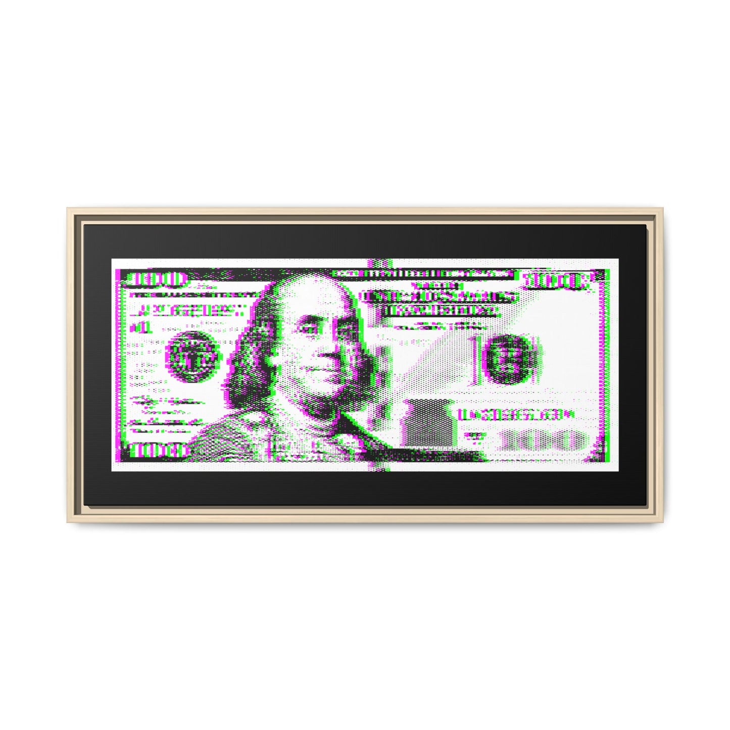 100 Dollars Bill - Green/Magenta Glitch - Framed Canvas
