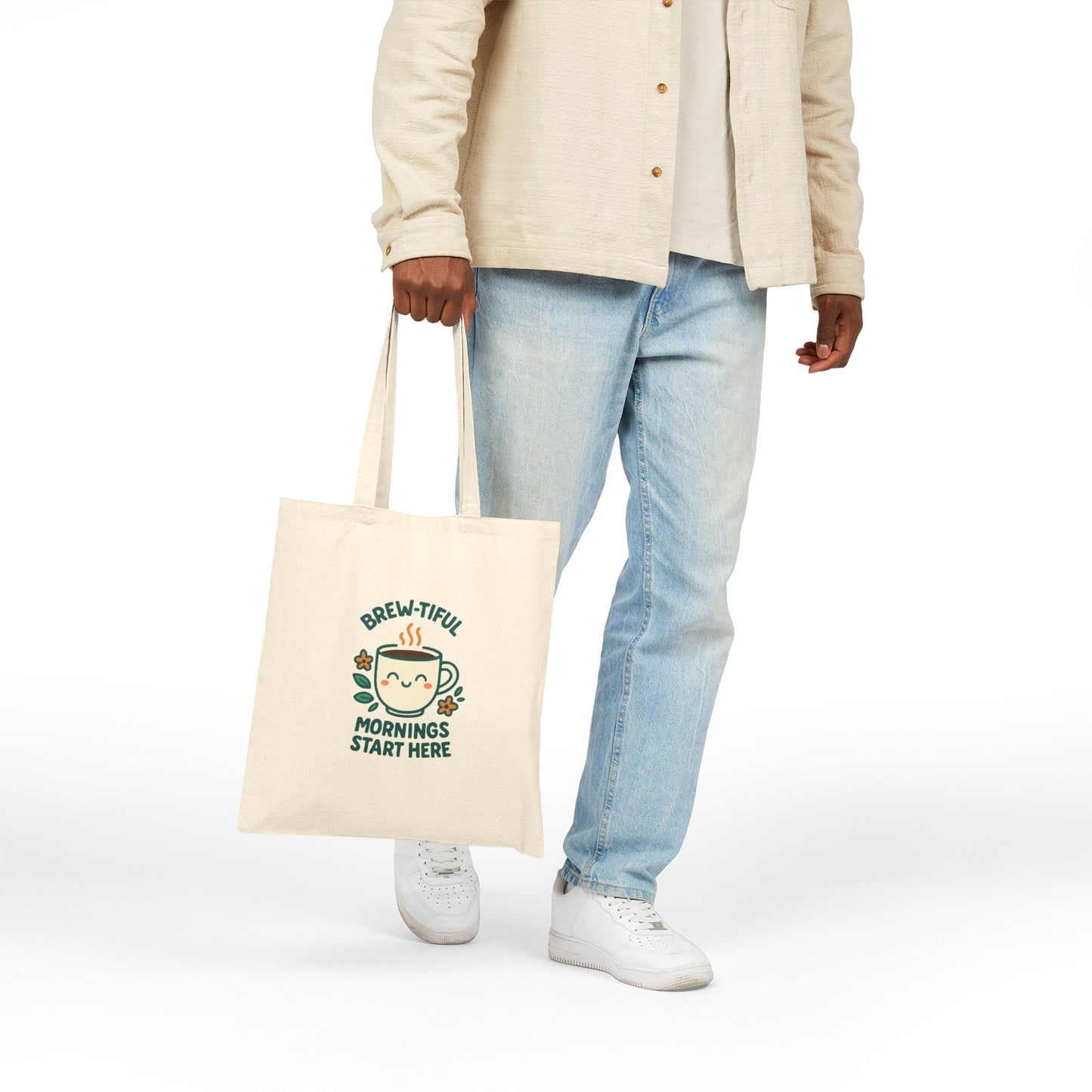 Brew-tiful Mornings Tote Bag, Eco-Friendly Grocery Bag, Coffee Lover Gift, Cute Canvas Carryall, Reusable Shopping Tote