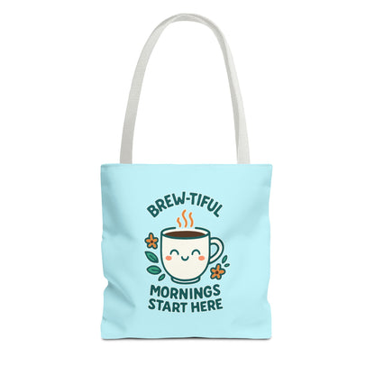 Brew-tiful Mornings Tote Bag, Cute Coffee Lover Gift, Reusable Grocery Bag, Spring Picnic Essentials, Motivational Quote Tote