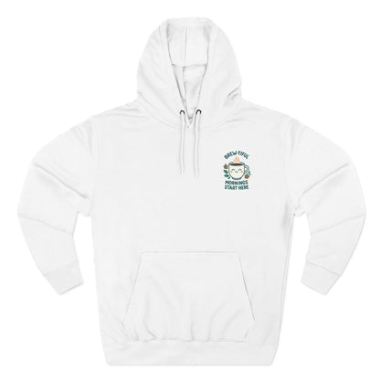 Brew-tiful Mornings Start Here, Cozy Three-Panel Fleece Hoodie, Perfect for Fall, Casual Outfit, Gift for Her, Layering Essential, Relaxed Style